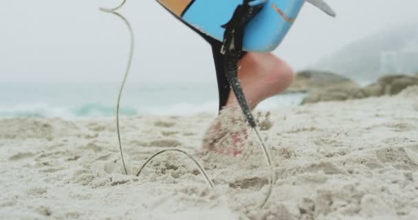 Laag Gedeelte Van Mannelijke Surfer Wandelen Met Surfplank Het Strand — Stockvideo