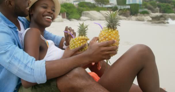 Boční Pohled Afroamerické Dvojice Kteří Spolu Komunikují Pláži Pijou Ananasový — Stock video