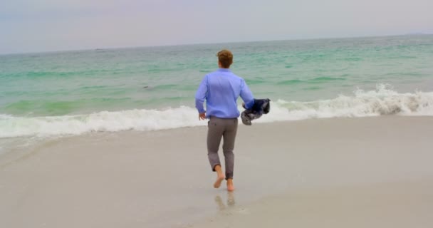 Achteraanzicht Van Kaukasische Zakenman Die Met Blazer Het Strand Loopt — Stockvideo