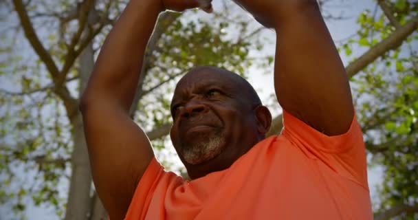 Vista Ángulo Bajo Del Hombre Mayor Afroamericano Activo Que Realiza — Vídeo de stock