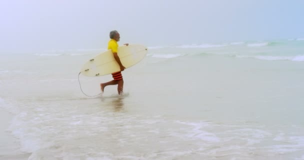 ビーチで海に向かって走るアクティブなアフリカ系アメリカ人男性サーファーの側面図 彼はサーフボード4Kを保持しています — ストック動画