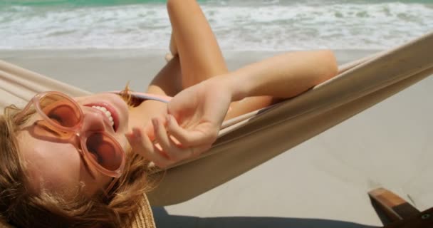 Rear View Caucasian Woman Relaxing Hammock Beach She Smiling Video Clip