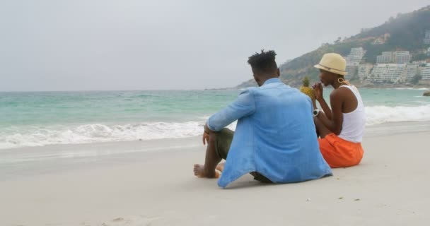 Vista Trasera Una Pareja Afroamericana Bebiendo Jugo Piña Playa Están — Vídeos de Stock