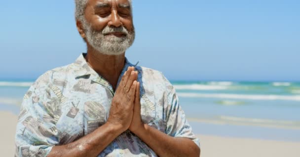 Vista Frontal Hombre Afroamericano Mayor Activo Realizando Yoga Playa Está — Vídeo de stock