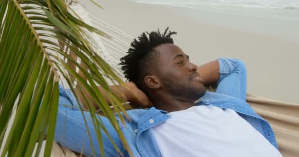 Vue Latérale Homme Afro Américain Détendre Dans Hamac Sur Plage — Video