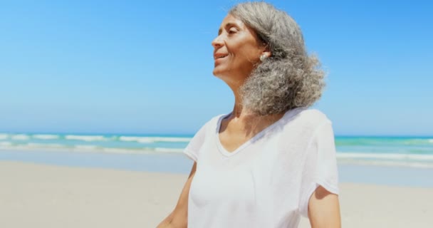 活跃着的非洲裔美国老妇人 双臂伸在沙滩上 她微笑着闭上眼睛 — 图库视频影像