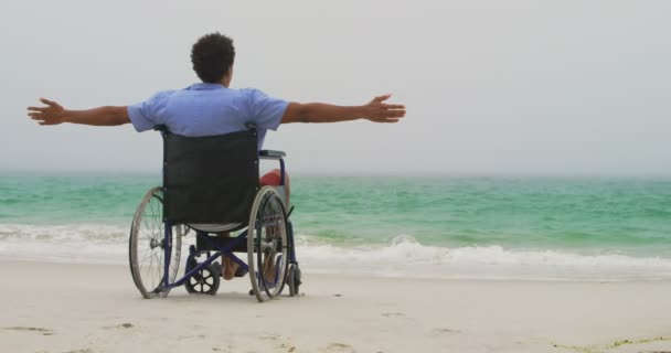 ビーチで腕を伸ばして車椅子に腕を伸ばして座っているアフリカ系アメリカ人の男性の背面図 彼は海4Kを見ている — ストック動画