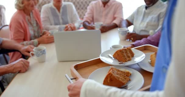 Mid Section Female Nurse Holding Breakfast Tray Nursing Home Senior — Stock Video