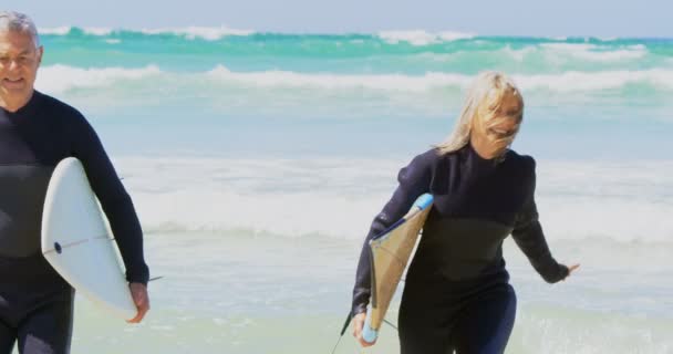 Front View Active Senior Caucasian Couple Running Sea Beach Holding — Stock Video