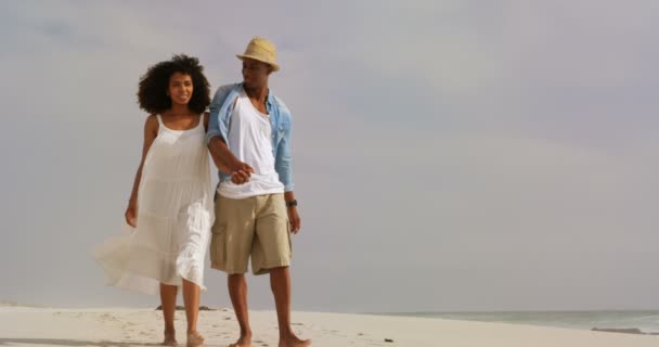 Vista Frontal Casal Afro Americano Andando Mãos Dadas Praia Eles — Vídeo de Stock