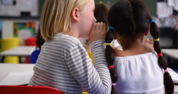 混血儿女学生在教室里在同学耳边低语的后视图 他们正坐在教室里 — 图库视频影像