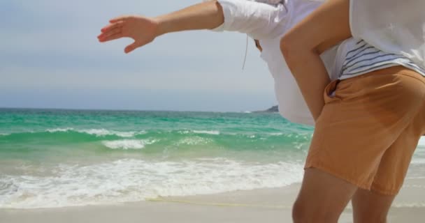 Вид Сзади Мужчину Катающегося Спине Женщиной Пляже Проводят Время Вместе — стоковое видео