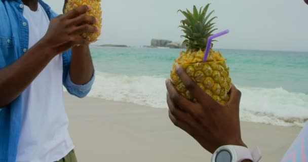 Pareja Afroamericana Brindando Jugos Piña Playa Están Pie Playa — Vídeo de stock