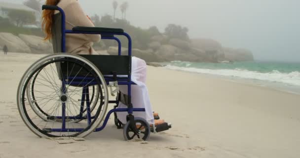 Zijaanzicht Van Jonge Blanke Vrouw Zittend Rolstoel Het Strand Kijkt — Stockvideo