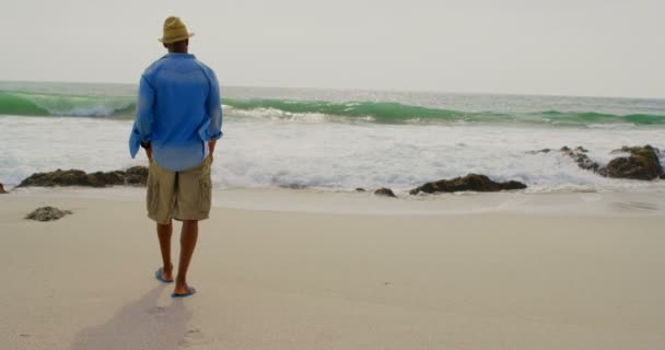 Vista Traseira Homem Afro Americano Caminhando Praia Ele Está Olhando — Vídeo de Stock