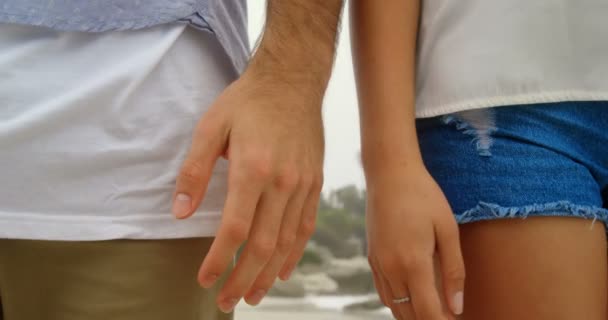ビーチで手をつないで立っているカップルの中間部分 4Kで一緒に過ごす — ストック動画