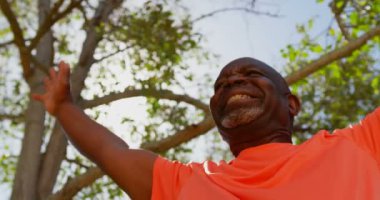 Huzurevinin bahçesinde yoga yapan aktif Afro-Amerikan yaşlı adamın düşük açı görünümü. O 4k gülümsüyor