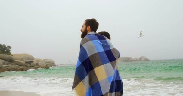Вид Сзади Кавказскую Пару Одеяле Гуляющую Пляжу Проводят Время Вместе — стоковое видео