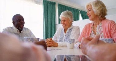 Karışık ırk kıdemli arkadaş grubu yemek masasında birbirleriyle etkileşim. Kahve içiyorlar. 