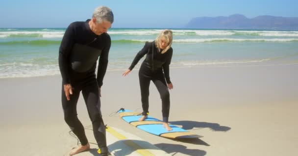 活跃高级白种人夫妇在沙滩上冲浪的前视图 他们站在冲浪板上Kj — 图库视频影像