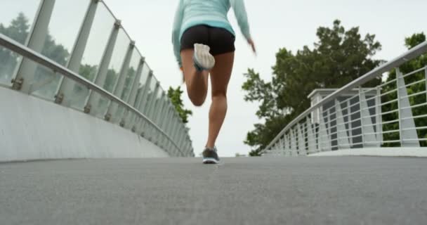 Rear View African American Woman Running Bridge City She Exercising — Stock Video