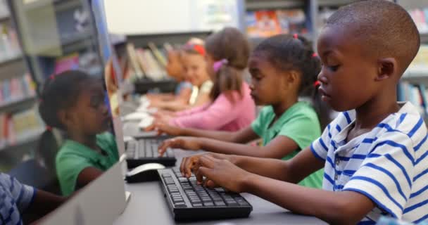 Side View Mixed Race Schoolkids Studying Computer Classroom Sitting Classroom — Stock Video