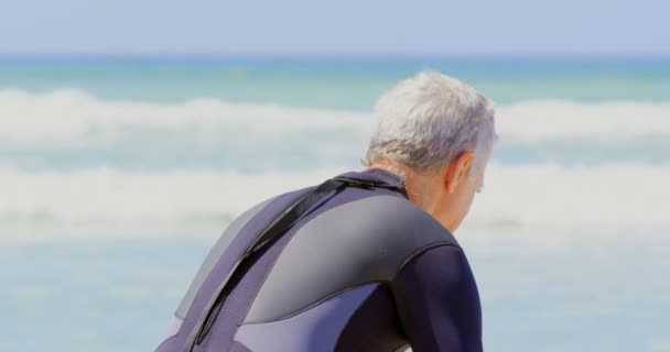 Bakifrån Aktiva Senior Kaukasiska Manliga Surfare Leker Med Havsvågor Stranden — Stockvideo