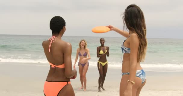 Grupo Amigas Raza Mixta Jugando Disco Volador Playa Están Divirtiendo — Vídeo de stock