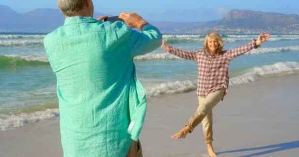 浜辺で携帯電話を持った先輩女性の写真をクリックする現役白人男性の背面図 ビーチでポーズをとるシニア女性 — ストック動画