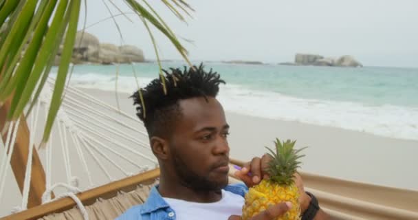 Vista Frontal Del Hombre Afroamericano Bebiendo Jugo Piña Playa Está — Vídeos de Stock