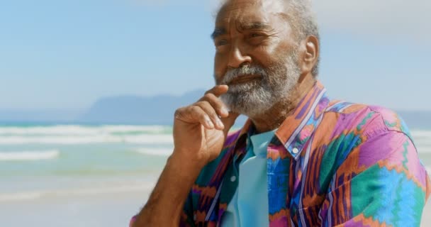 在海滩 高龄的非洲裔美国男子手放在下巴和头后 他周到 看着远方4K — 图库视频影像