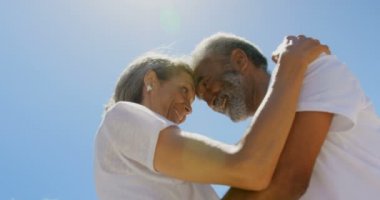 Mutlu aktif üst düzey Afro-Amerikan çift in güneş plajda kucaklayan düşük açı görünümü. Birbirleriyle konuşuyorlar 4k