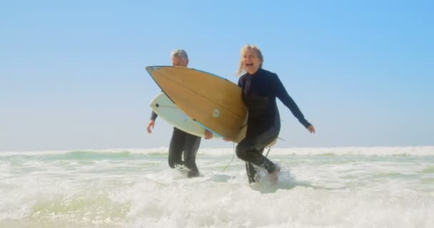 Vorderansicht Eines Aktiven Älteren Kaukasischen Paares Das Strand Meer Läuft — Stockvideo