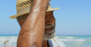 Güneşin altında sahilde duran şapkalı aktif üst düzey Afro-Amerikan adamın ön görünümü. O gülümsüyor ve kamera 4k bakıyor