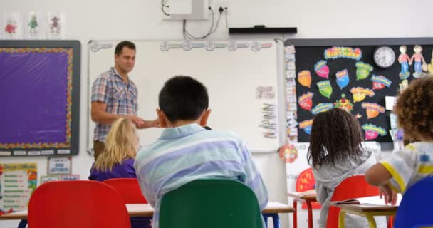 在教室里的白板上教学生白种语男教师的侧视图 在教室里学习的学童 — 图库视频影像