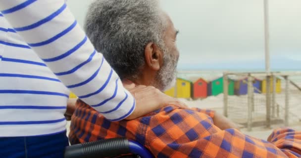 Средняя Часть Активной Пожилой Афроамериканки Положила Руку Плечи Пожилого Инвалида — стоковое видео