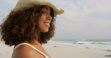 Sahilde dikilen Afrikalı Amerikalı kadının yan görüntüsü. Gülümsüyor ve kamera 4k 'ye bakıyor.