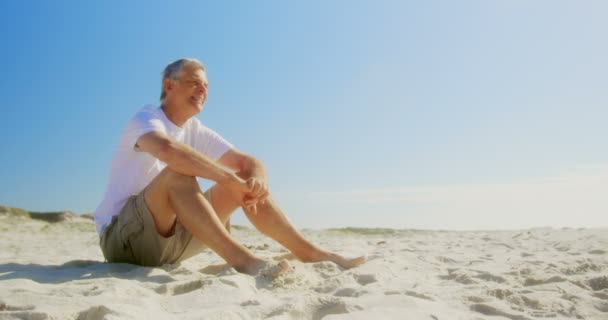 Vista Lateral Del Hombre Caucásico Mayor Activo Relajándose Playa Sonríe — Vídeo de stock