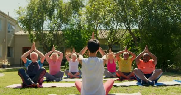 Bakifrån Kvinnlig Tränare Utbildning Senior Människor Att Utföra Yoga Fitness — Stockvideo