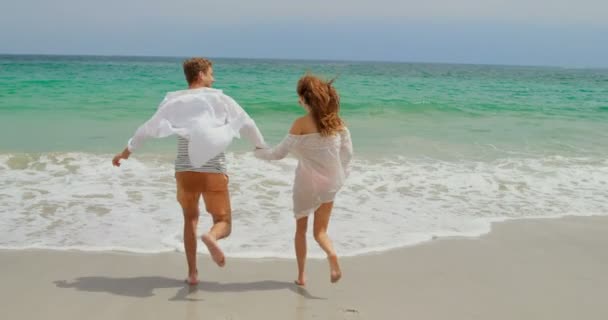 Achteraanzicht Van Een Blank Koppel Dat Het Strand Loopt Hebben — Stockvideo