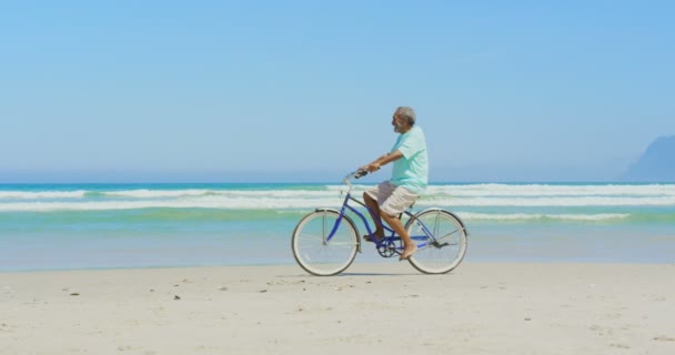 Vista Lateral Hombre Afroamericano Mayor Activo Montando Bicicleta Playa Bajo — Vídeos de Stock