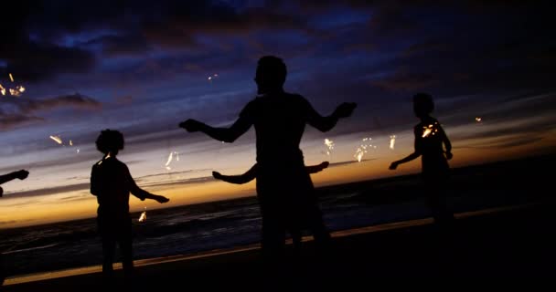 Vista Frontal Grupo Amigos Diversos Brincando Com Faíscas Praia Entardecer — Vídeo de Stock