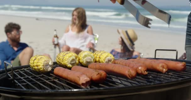 晴れた日のビーチでバーベキューで食べ物を調理するアフリカ系アメリカ人男性のクローズアップ — ストック動画