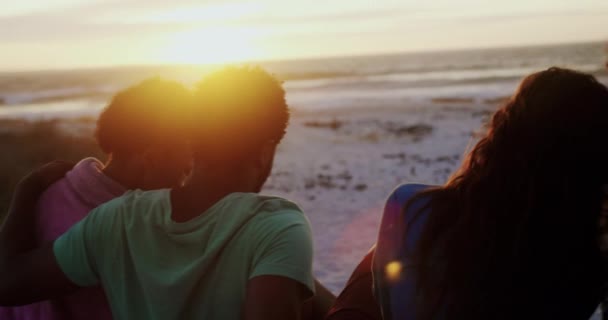 Visão Traseira Grupo Amigos Diversos Relaxando Juntos Praia Pôr Sol — Vídeo de Stock