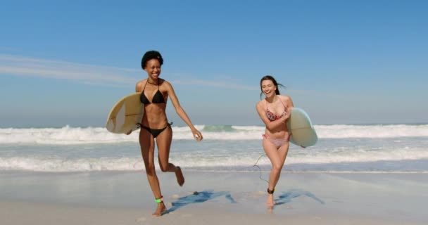 Front View Young Multi Ethnic Female Friends Running Surfboard Beach — Stock Video