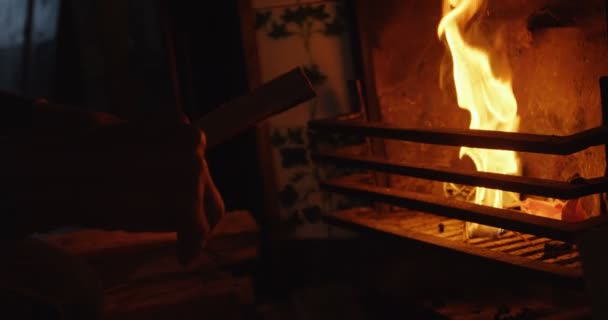 Πλευρική Όψη Του Καυκάσιου Ανθρώπου Βάζοντας Ξύλινα Κορμούς Στο Τζάκι — Αρχείο Βίντεο
