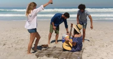 Güneşli bir günde plajda eğlenirken bira içme ve gitar çalan genç çok etnik arkadaş grubunun ön görünümü 4k