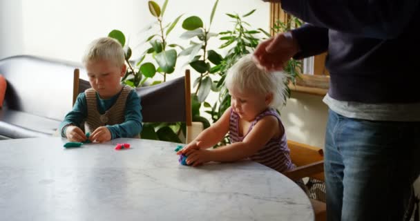 Front View Caucasian Father Children Playing Together Clay Comfortable Home — Stock Video