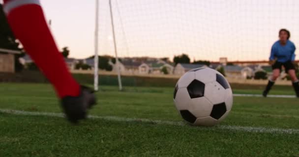 Pohled Kavkazského Ošetřovatele Který Čeká Fotbalistu Aby Střílel Fotbalové Hřiště — Stock video