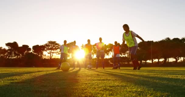 边看混合赛女足球员射门球 而不同的女子足球队在黄色和橙色背心站在足球场上 — 图库视频影像